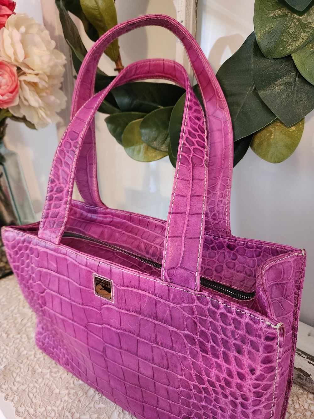 Dooney & Bourke Pink Croc-Embossed Tote Bag - Picture 2 of 12